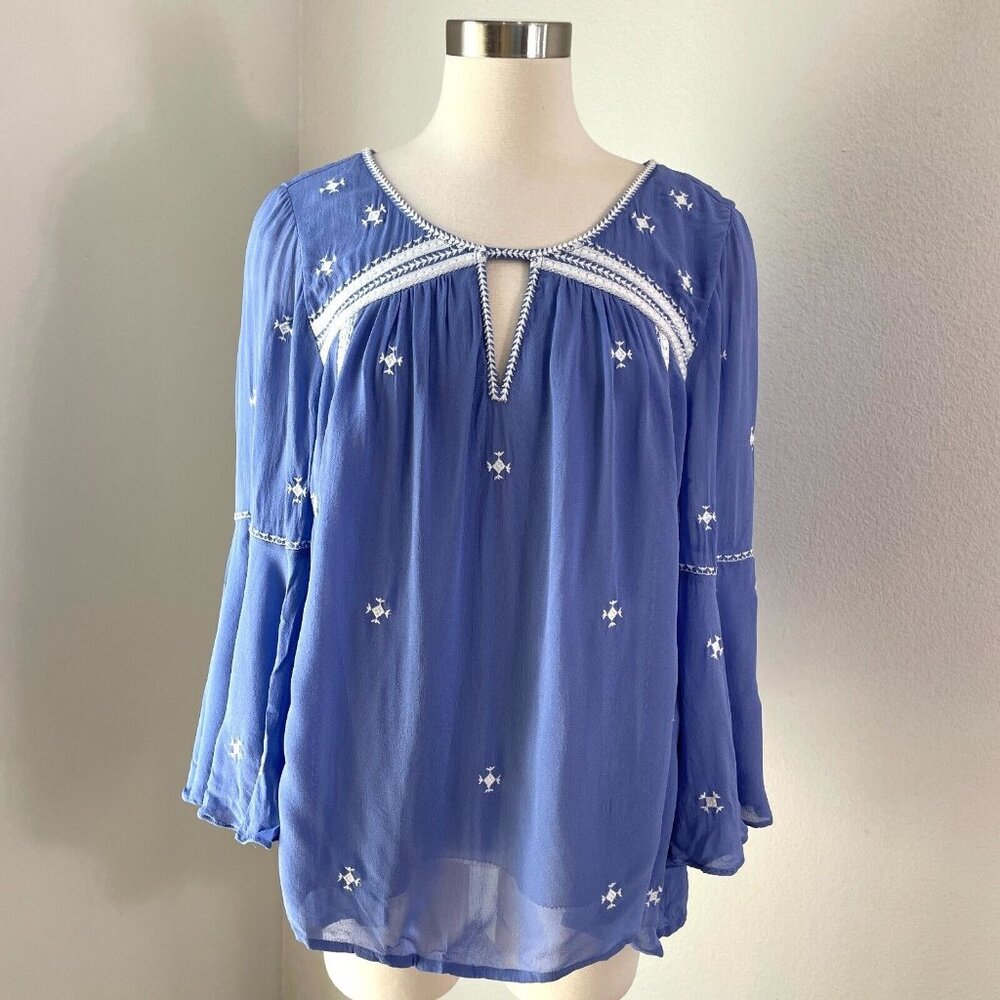 ANTHROPOLOGIE Floreat Womens 14 Periwinkle Embroidered  Blouse Shirt Top